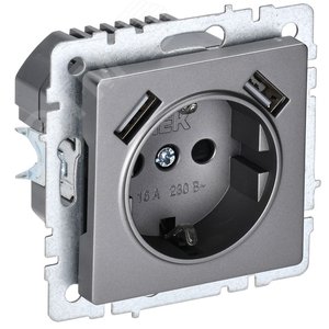 Изображение товара BRITE Розетка с заземлением с защитными шторками 16А с USB A+A 2,1А РЮш10-1-БрС сталь (шт)