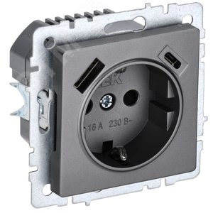 Изображение товара BRITE Розетка с заземлением с защитными шторками 16А с USB A+C 18Вт РЮш11-1-БрС сталь (шт)