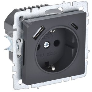 BRITE Розетка с заземлением с защитными шторками 16А с USB A+C 18Вт РЮш11-1-БрГ графит - фото 1