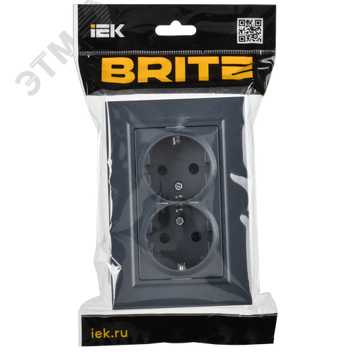 BRITE Розетка 2-местная с заземлением с защитными шторками плоская 16А в сборе РСшПл12-3-БрМ маренго IEK - фото 2