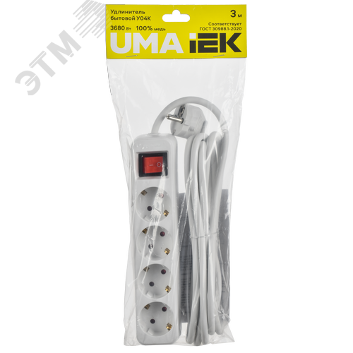 UMA Удлинитель У04К 4 места 3м 3х1,5мм2 16А бел. IEK с кнопкой - фото 2