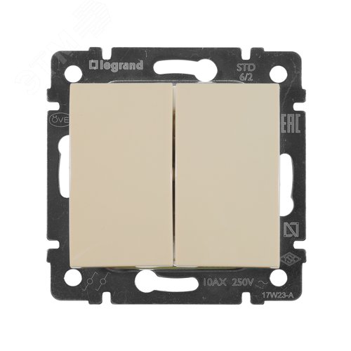 Выключатель 2-клавишный проходной схема 6/2 10А безвинтовое крепление слоновая кость VALENA - фото 3