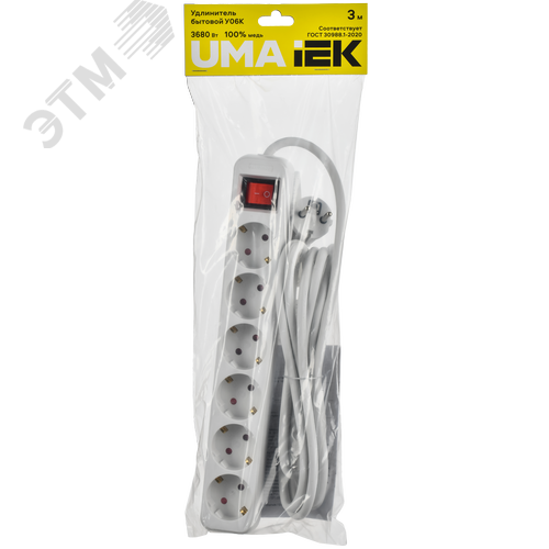 UMA Удлинитель У06К 6 мест 3м 3х1,5мм2 16А бел. IEK с кнопкой - фото 2