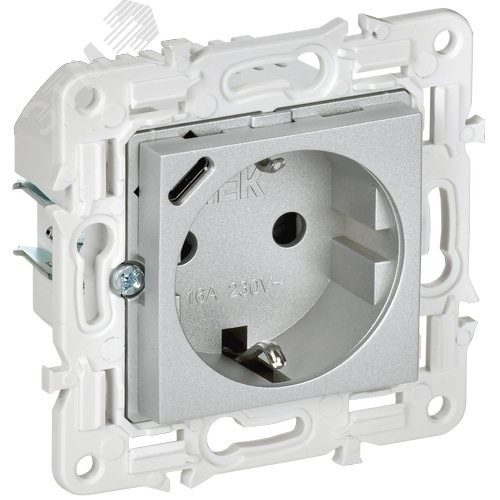 SKANDY Розетка с заземлением с защитными шторками 16А с USB C 18Вт SK-R17S серебряный IEK - фото 1