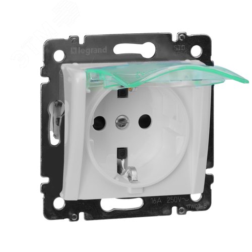 Изображение товара Розетка 1-местная с заземлением с защитными шторками и крышкой 16А IP44 белый VALENA (шт)