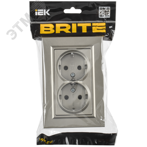 BRITE Розетка 2-местная с заземлением с защитными шторками плоская 16А в сборе РСшПл12-3-БрШ шампань IEK - фото 2