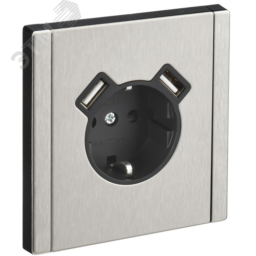 Изображение товара FORTE&PIANO Розетка 1-местная с заземлением с защитными шторками винтовое крепление 16А USB A+A 3,1А FP745M металл никель IEK (шт)