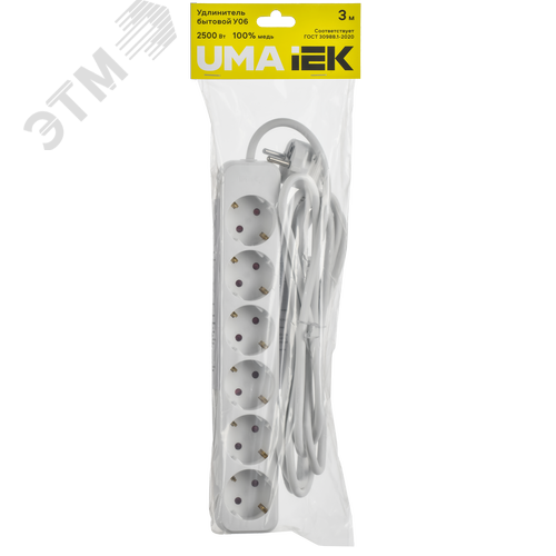 Удлинитель UMA У06 6 мест 2P+PE 3м 3х1мм2 10А белый - фото 2