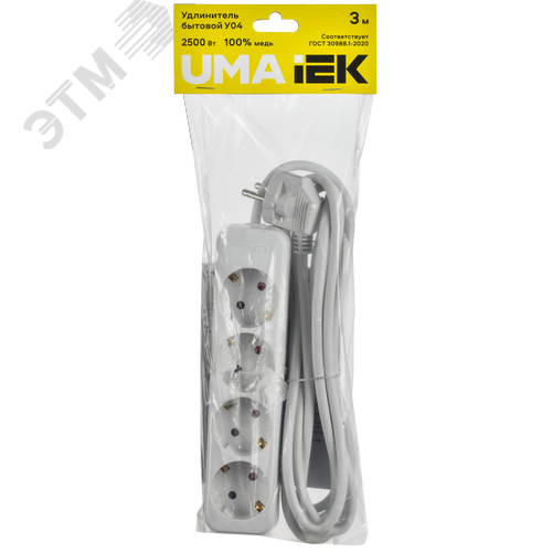 Удлинитель UMA У04 4 места 2P+PE 3м 3х1мм2 10А белый - фото 2
