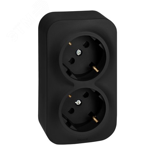 Изображение товара Розетка 2-местная для открытой установки с заземлением с защитными шторками с предварительным подключением 16А черный матовый QUTEO (шт)