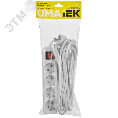 UMA Удлинитель У04К 4 места 5м 3х1,5мм2 16А бел. IEK с кнопкой - фото 2