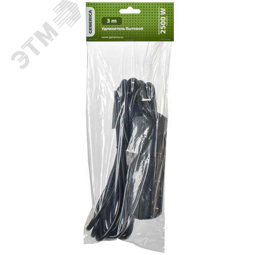 Удлинитель У03 3 места с заземлением 3м 3х1мм2 10А 250В черный GENERICA - фото 2