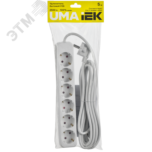Удлинитель UMA У06 6 мест 2P+PE 5м 3х1мм2 10А белый - фото 2