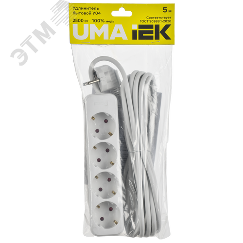 Удлинитель UMA У04 4 места 2P+PE 5м 3х1мм2 10А белый - фото 2