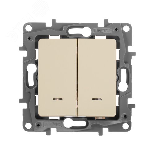 Выключатель 2-клавишный проходной с подсветкой/индикацией 10А безвинтовое крепление слоновая кость ETIKA - фото 1