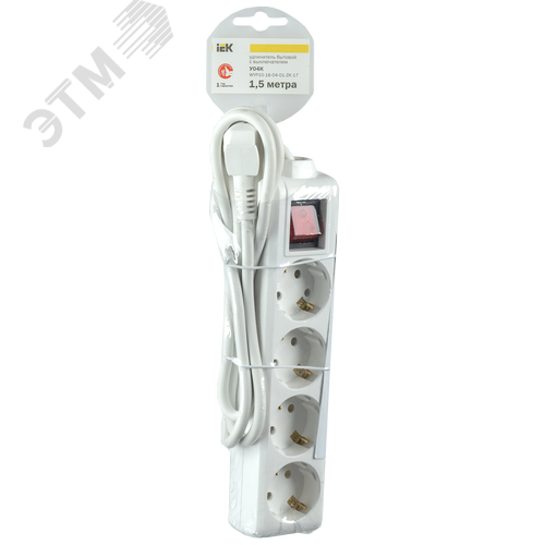 Удлинитель бытовой 4 розетки шнур 3м с заземлением с выключателем 16А - фото 2