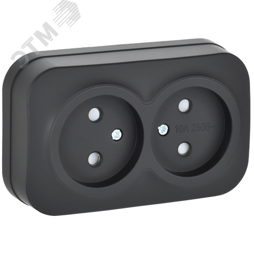 GLORY Розетка 2-местная для открытой установки без заземления с защитными шторками 10А РСш22-2-ХЧм черный матовый IEK - фото 1