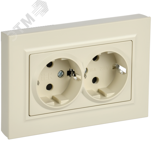 BRITE Розетка 2-местная с заземлением с защитными шторками плоская 16А в сборе РСшПл12-3-БрКр бежевый IEK - фото 1