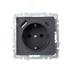 BRITE Розетка с заземлением с защитными шторками 16А с USB A+C 18Вт РЮш11-1-БрГ графит - фото 2