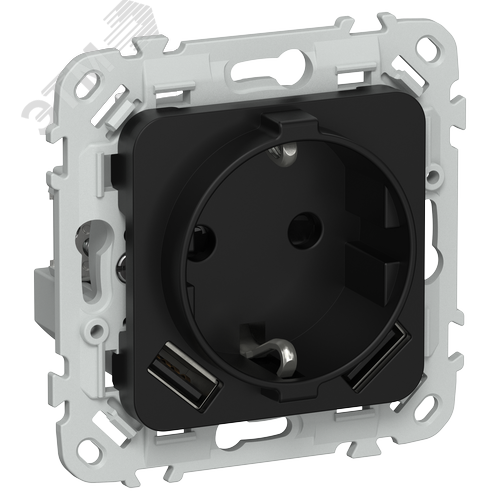 Изображение товара FLITE Розетка 1-местная с заземлением с защитными шторками 16А с USB A+A 3,1А безвинтовое крепление РСЮша11-1-ФлЧ черный IEK (шт)