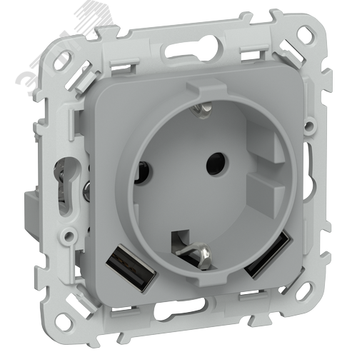 Изображение товара FLITE Розетка 1-местная с заземлением с защитными шторками 16А с USB A+A 3,1А безвинтовое крепление РСЮша11-1-ФлС серый IEK (шт)