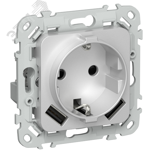Изображение товара FLITE Розетка 1-местная с заземлением с защитными шторками 16А с USB A+A 3,1А безвинтовое крепление РСЮша11-1-ФлА алюминий IEK (шт)