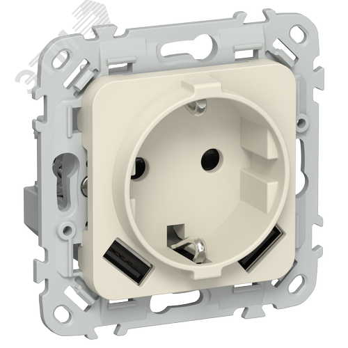 Изображение товара FLITE Розетка 1-местная с заземлением с защитными шторками 16А с USB A+A 3,1А безвинтовое крепление РСЮша11-1-ФлСл сливочный IEK (шт)