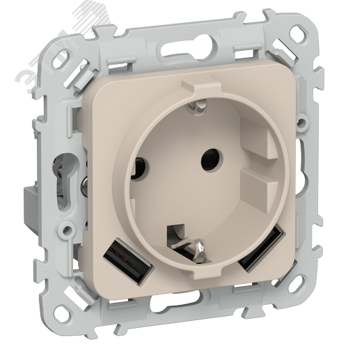 Изображение товара FLITE Розетка 1-местная с заземлением с защитными шторками 16А с USB A+A 3,1А безвинтовое крепление РСЮша11-1-ФлЛ льняной IEK (шт)