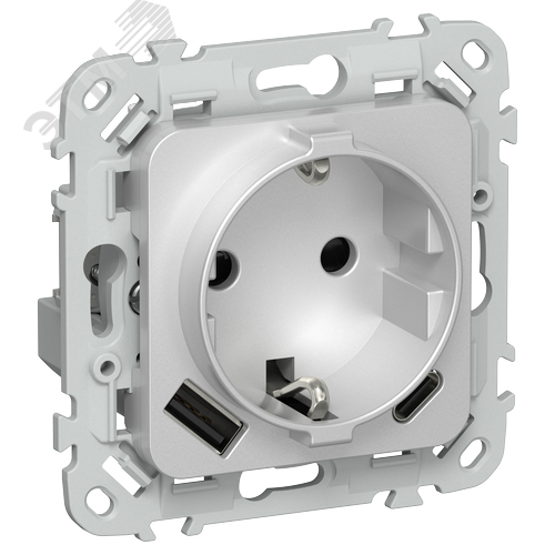 Изображение товара FLITE Розетка 1-местная с заземлением с защитными шторками 16А с USB A+C 20Вт безвинтовое крепление РСЮшс11-1-ФлА алюминий IEK (шт)