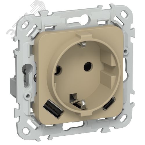 Изображение товара FLITE Розетка 1-местная с заземлением с защитными шторками 16А с USB A+C 20Вт безвинтовое крепление РСЮшс11-1-ФлХ хаки IEK (шт)