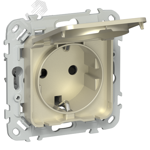 Изображение товара FLITE Розетка с заземлением с защитными шторками и крышкой безвинтовое крепление 16А IP44 РСшкр11-1-44-ФлШ шампань IEK (шт)