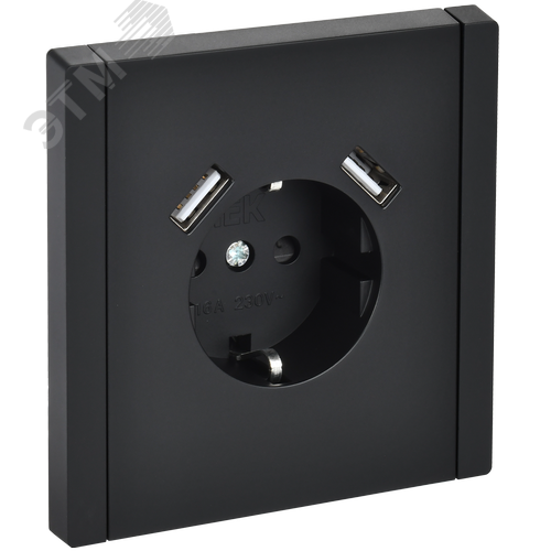 FORTE&PIANO Розетка 1-местная с заземлением с защитными шторками винтовое крепление 16А USB A+A 3,1А FP145 черный IEK - фото 1