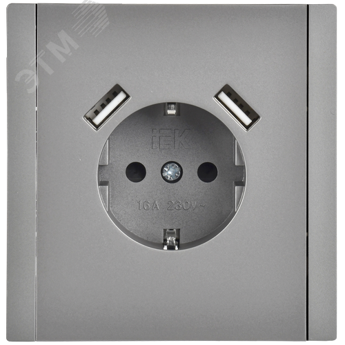 FORTE&PIANO Розетка 1-местная с заземлением с защитными шторками винтовое крепление 16А USB A+A 3,1А FP545 сталь IEK - фото 2