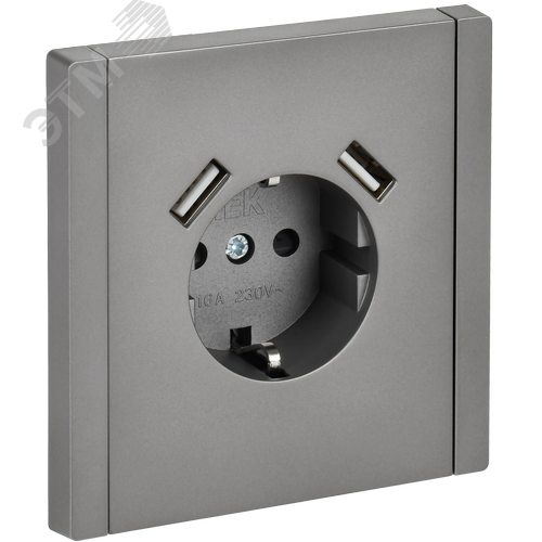 FORTE&PIANO Розетка 1-местная с заземлением с защитными шторками винтовое крепление 16А USB A+A 3,1А FP545 сталь IEK - фото 1