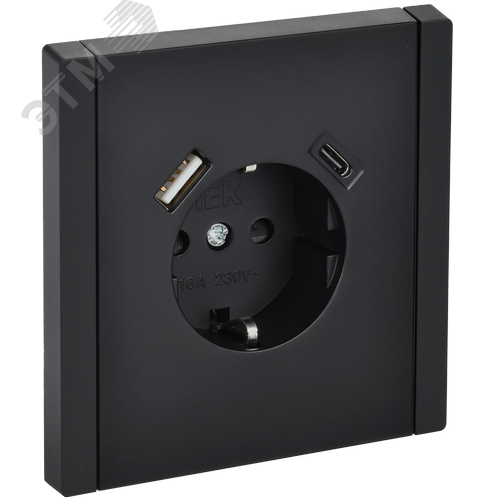 Изображение товара FORTE&PIANO Розетка 1-местная с заземлением с защитными шторками винтовое крепление 16А USB A+C 18Вт FP147 черный IEK (шт)