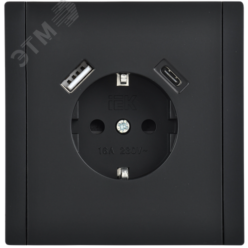 FORTE&PIANO Розетка 1-местная с заземлением с защитными шторками винтовое крепление 16А USB A+C 18Вт FP147 черный IEK - фото 2