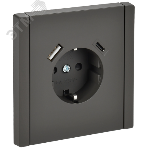 FORTE&PIANO Розетка 1-местная с заземлением с защитными шторками винтовое крепление 16А USB A+C 18Вт FP347 серый IEK - фото 1