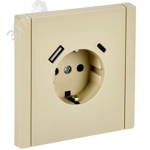 FORTE&PIANO Розетка 1-местная с заземлением с защитными шторками винтовое крепление 16А USB A+C 18Вт FP447 ваниль IEK - фото 1
