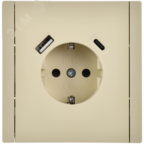 FORTE&PIANO Розетка 1-местная с заземлением с защитными шторками винтовое крепление 16А USB A+C 18Вт FP447 ваниль IEK - фото 2