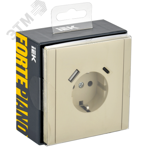 FORTE&PIANO Розетка 1-местная с заземлением с защитными шторками винтовое крепление 16А USB A+C 18Вт FP447 ваниль IEK - фото 6