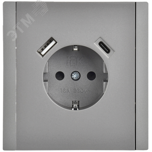 FORTE&PIANO Розетка 1-местная с заземлением с защитными шторками винтовое крепление 16А USB A+C 18Вт FP547 сталь IEK - фото 2