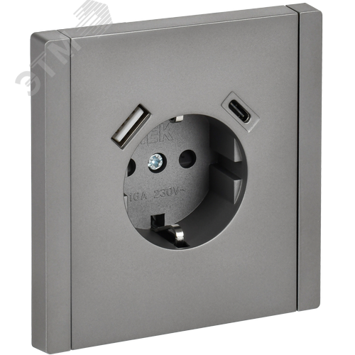 FORTE&PIANO Розетка 1-местная с заземлением с защитными шторками винтовое крепление 16А USB A+C 18Вт FP547 сталь IEK - фото 1