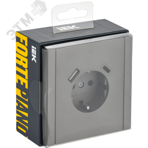 FORTE&PIANO Розетка 1-местная с заземлением с защитными шторками винтовое крепление 16А USB A+C 18Вт FP547 сталь IEK - фото 6