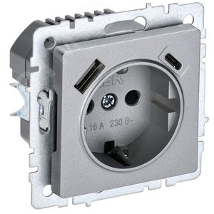 Изображение товара BRITE Розетка с заземлением с защитными шторками 16А с USB A+C 18Вт РЮш11-1-БрА алюминий (шт)