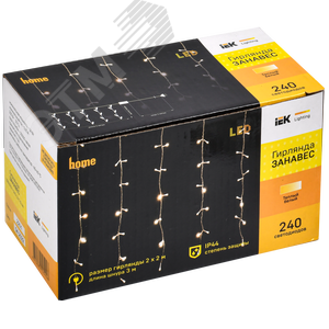 Гирлянда Занавес 2х2 м 240 светодиодов теплый белый свет IP44 прозрачный шнур 3 м 230 В транзит LIGHTING - фото 2