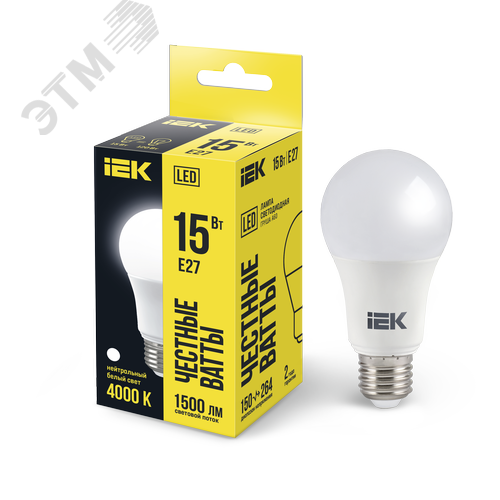 Изображение товара Лампа светодиодная A60 груша 15Вт 230В 4000К E27 (шт)