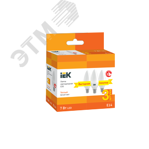 Лампа светодиодная C35 свеча 7Вт 230В 3000К E14 (3шт/упак) - фото 2