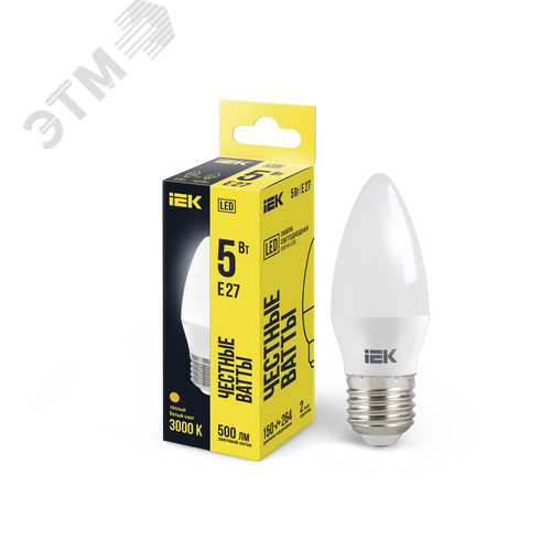 Изображение товара Лампа светодиодная C35 свеча 5Вт 230В 3000К E27 (шт)