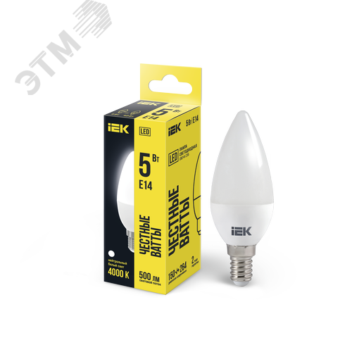 Изображение товара Лампа светодиодная C35 свеча 5Вт 230В 4000К E14 (шт)