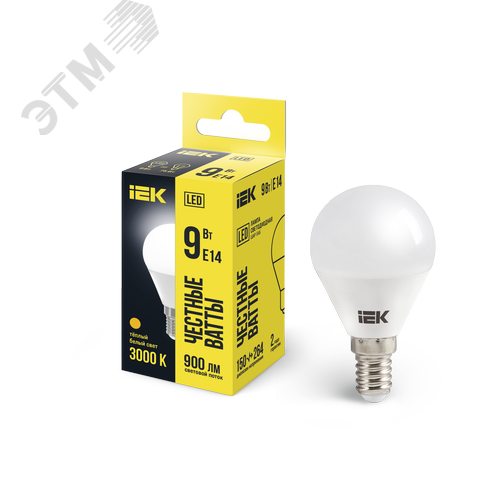 Изображение товара Лампа светодиодная G45 шар 9Вт 230В 3000К E14 (шт)